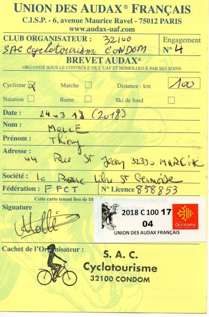 AUDAX 100 du 24 mars 2018