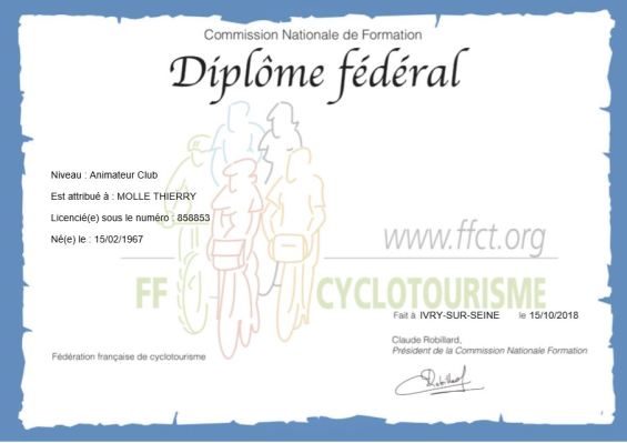 diplôme Animateur club FFVELO